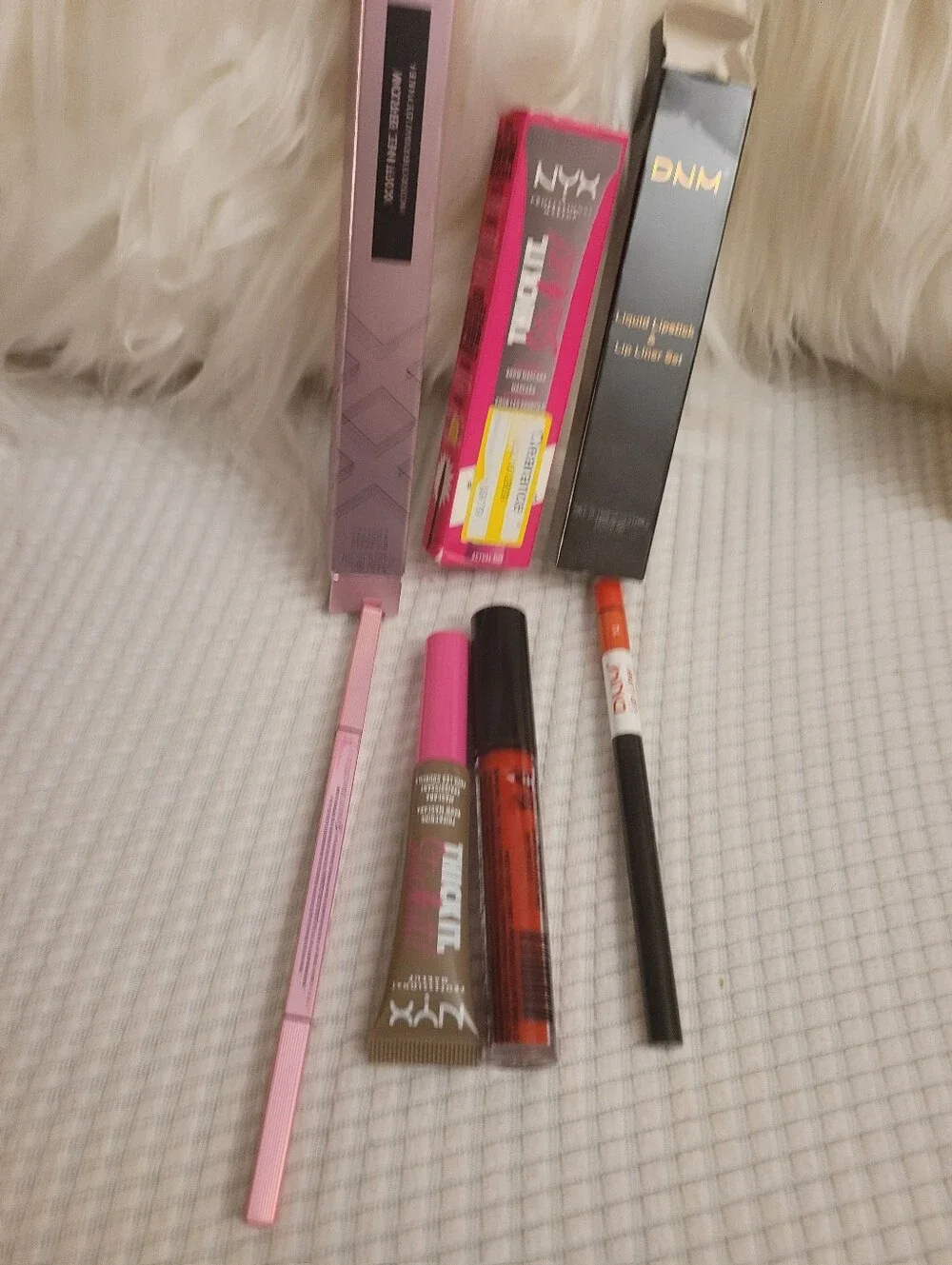 Dnm Lip Duo Red, NYX eyebrow Mascara, And Micro Eyebrow Pencil